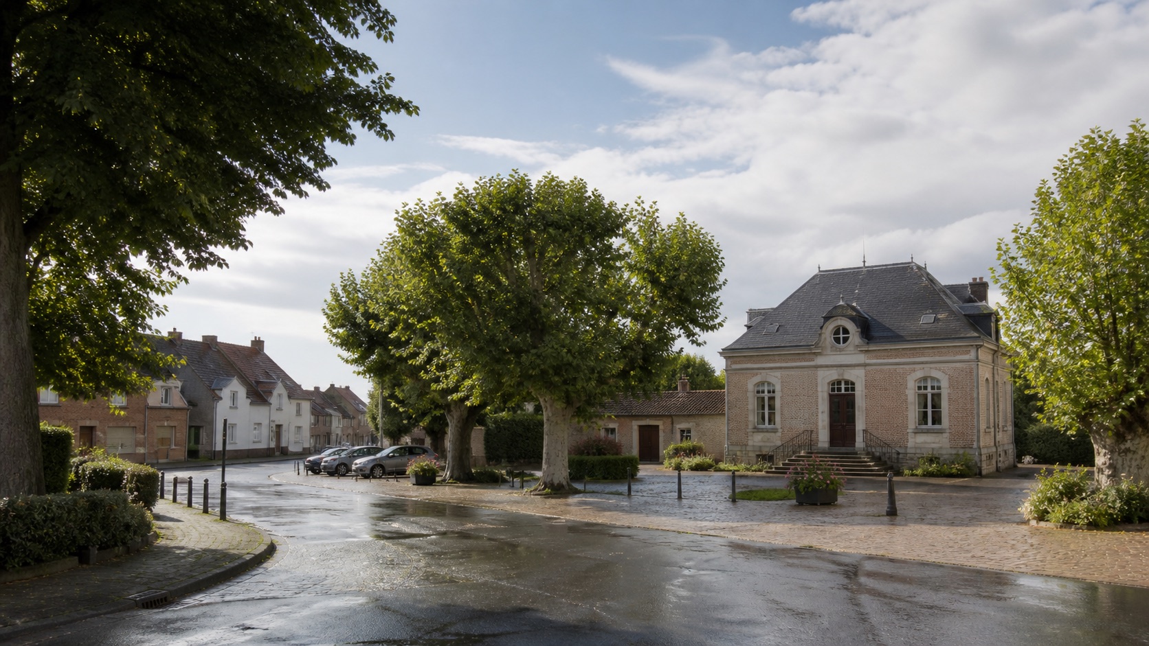 Place d’un village rural après la pluie